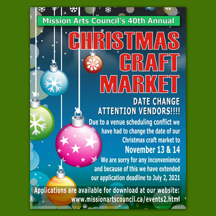 Our 40th Annual Christmas Craft Market vendor application deadline has been extended.
Due to a venue scheduling conflict we have had to change the date of our market to November 13 &amp; 14. If you have already applied please note these new dates.
#MissionBC #ChristmasCraftMarket