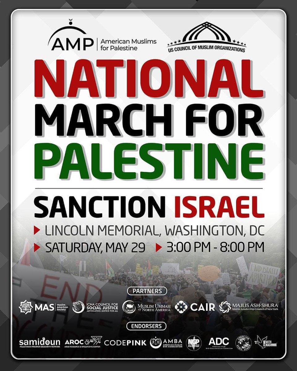 MYICD's tweet photo. AMP will be having a National March for Palestine in Washington, DC on Saturday, May 29th! Check out local buses leaving from Michigan! https://t.co/4ioNyA8FZe