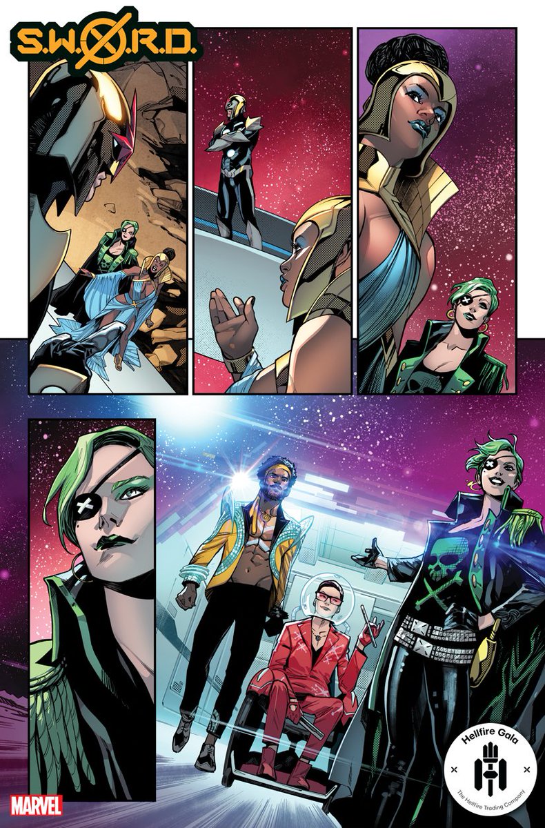 Marvel's tweet photo. While the #XMenHellfireGala is in full swing on Earth, a very different guest list comes together on S.W.O.R.D. Station One. 🔥 Preview "S.W.O.R.D." #6 here: https://t.co/wFunz69AXd