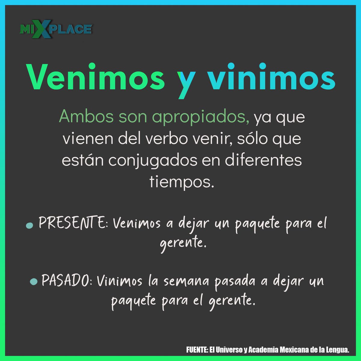 _MixPlace_'s tweet photo. ¿Sabes cómo se dice? 

#viniste #veniste #mixplace #ortografía #español https://t.co/Z3sQExou3c