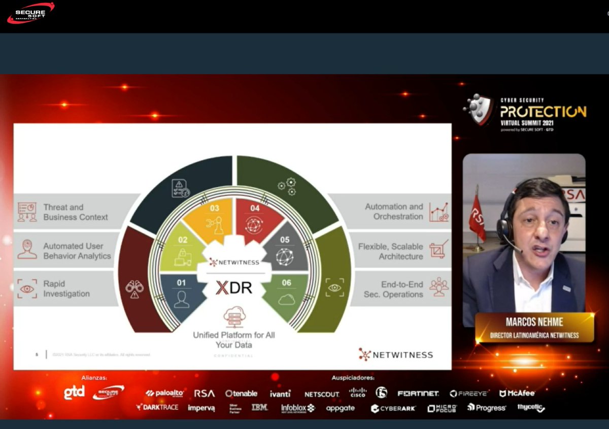MarcosNehme's tweet photo. Today I was honored to attend Cyber Security PROTECTION Virtual Summit 2021 organized by our @RSAPartners | @_SecureSoft During our @RSAsecurity Keynote we presented how we are helping our customers to implement efficient threat detection and response strategy #RSAProud https://t.co/6OsTcG5ckd