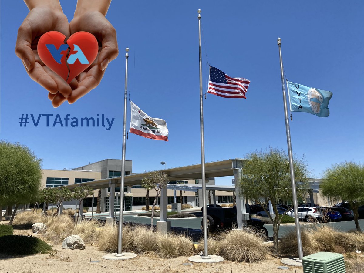 VVTransit's tweet photo. Victor Valley Transit has lowered our flags to half-staff in Loving Memory of those who tragically lost their lives at @VTA this week.

Our thoughts and prayers continue to be be with our #VTAfamily 
#transitstandstogether https://t.co/1kfsXFH6Xd