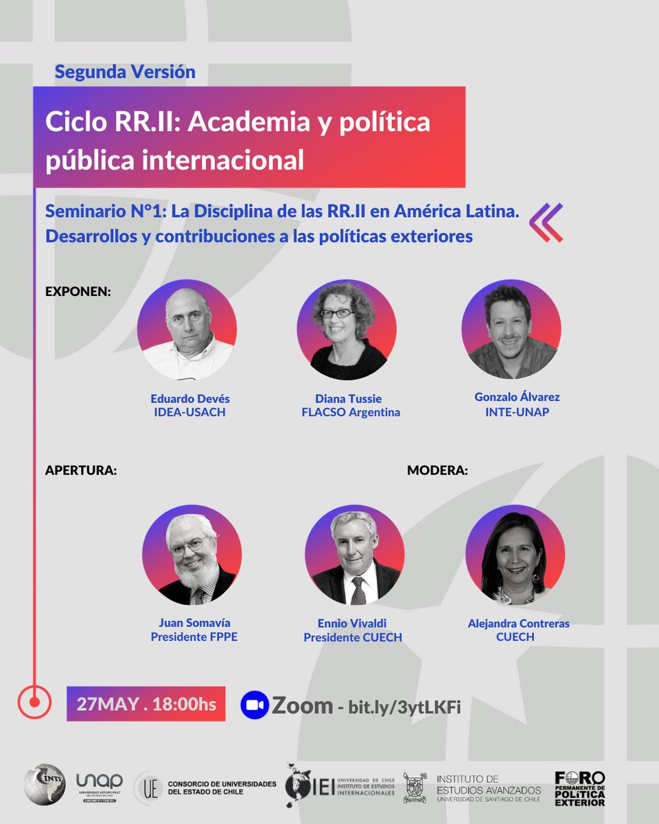 Foro Permanente de Política Exterior (@foropolexterior) on Twitter photo 🔴 AHORA |
<a href="/uestatales/">Consorcio de Universidades del Estado de Chile</a> <a href="/INTEUNAP1/">Instituto de Estudios Internacionales UNAP</a> <a href="/ieiuchile/">IEI U. Chile</a> y el <a href="/ideausach/">Instituto de Estudios Avanzados</a> en la segunda versión del Ciclo RR.II: Academia y política pública internacional
🎙️Invitados: Eduardo Devés, Diana Tussie, Gonzalo Álvarez
✅ Transmisión en vivo aquí: bit.ly/3frCHgH 🔴 AHORA |
<a href="/uestatales/">Consorcio de Universidades del Estado de Chile</a> <a href="/INTEUNAP1/">Instituto de Estudios Internacionales UNAP</a> <a href="/ieiuchile/">IEI U. Chile</a> y el <a href="/ideausach/">Instituto de Estudios Avanzados</a> en la segunda versión del Ciclo RR.II: Academia y política pública internacional
🎙️Invitados: Eduardo Devés, Diana Tussie, Gonzalo Álvarez
✅ Transmisión en vivo aquí: bit.ly/3frCHgH