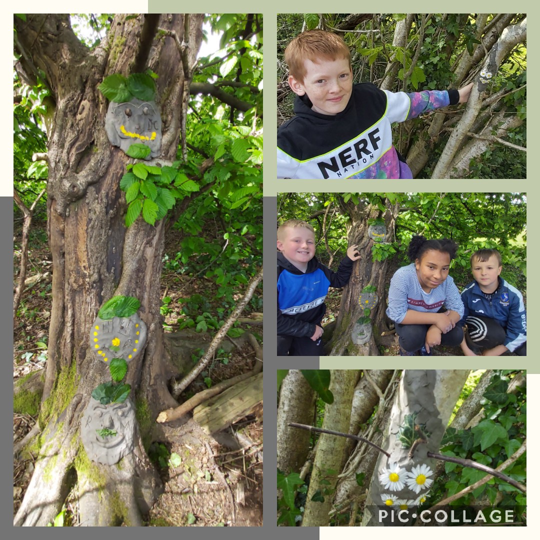 YsgolBroTawe's tweet photo. If you go down to the woods today, you are sure of a big surprise!🌳😍🌳Pupils have been busy making clay faces in the trees and we think they look AMAZING!💚Diolch @Clarefrog22.
#FaCEproject 
@MrsBullionsMaes 
@_OLW_ 
@Maesydderwen 
@wgmin_education 
#naturalart #Wellbeing https://t.co/74m1kQMXqK