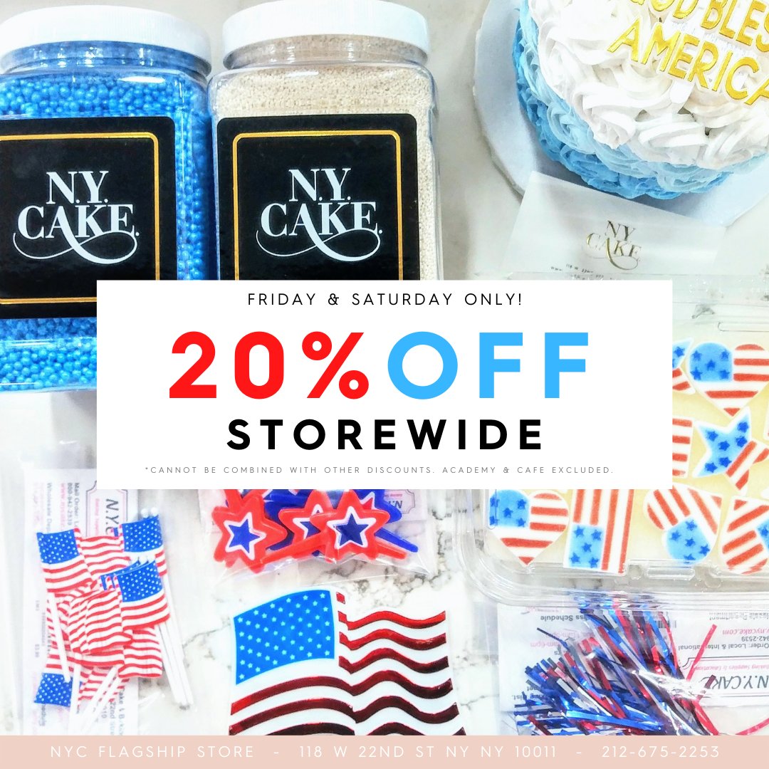 Get 20% off your purchase at the NYC Flagship Store this Friday and Saturday! No coupon/code needed! 🗽
*Promotion valid 05/28 through 05/29. Cannot be combined with other discounts. NY Cake Café and NY Cake Academy purchases are excluded.