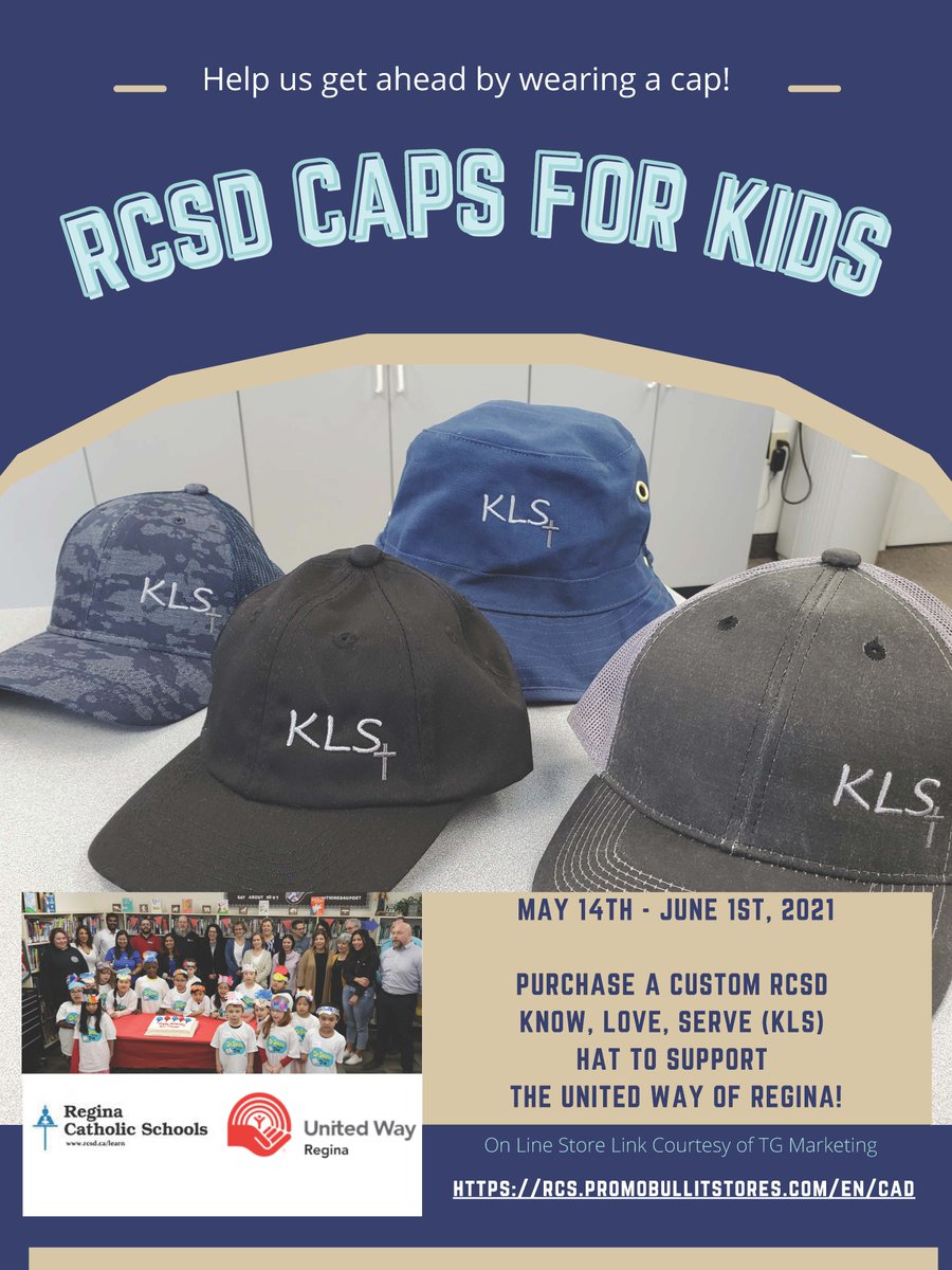 Caps for Kids to support the United Way Regina? Yes please!
Get your Know, Love, Serve (KLS) hats today. We have extended the deadline to June 4. 
rcs.promobullitstores.com/en/cad/categor…