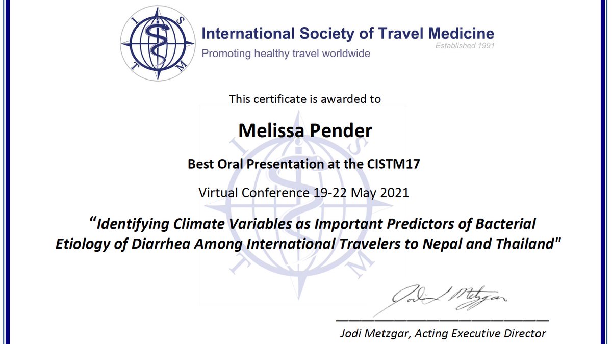 GlobalGutHealth's tweet photo. Congrats to @MelissaPenderMD, 1st year ID fellow, who received the Best Oral Presentation Award at the international #CISTM17 @_ISTM_ conference last week, for research on traveler's diarrhea that she did as a resident @UofUInternalMed. @UtahIMCMRs @UofU3i @UofUHealth https://t.co/6hxwuKKGpz