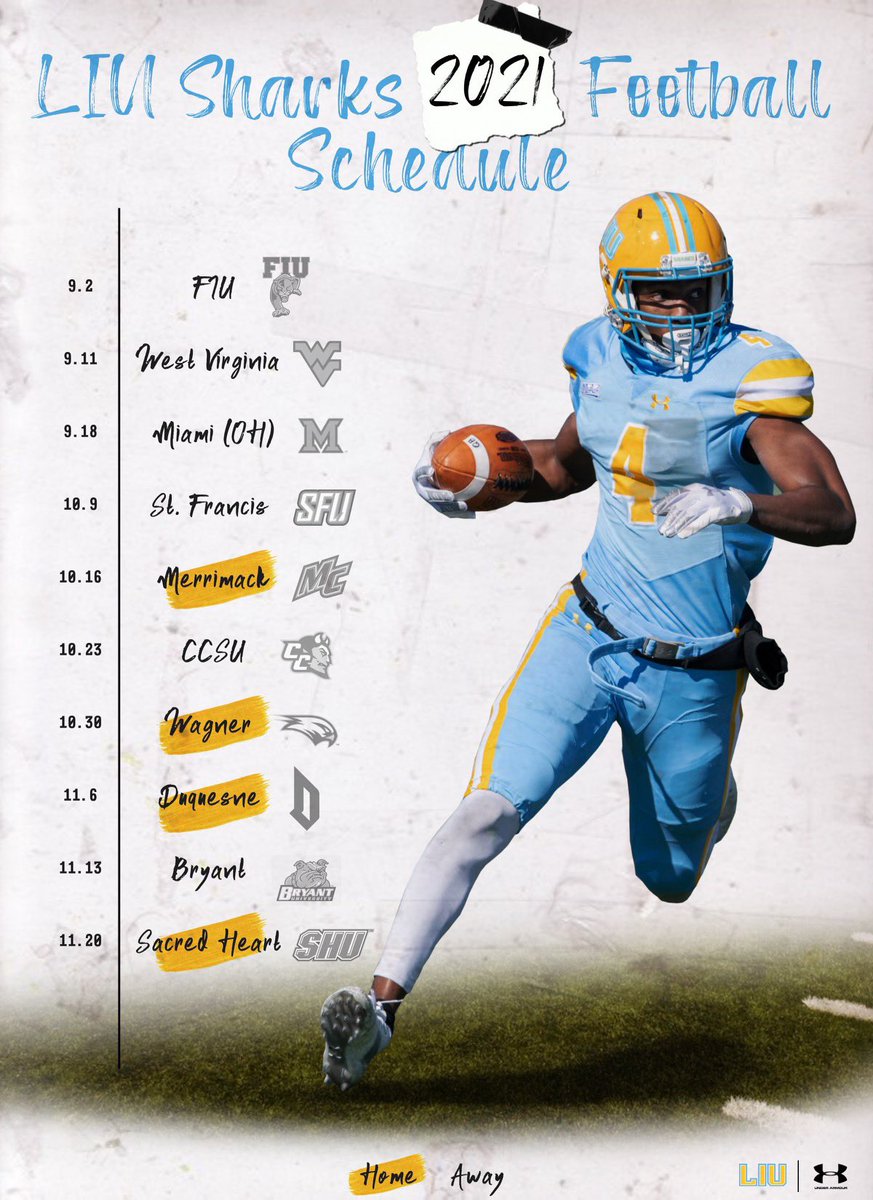 LIUSharksFB's tweet photo. 🚨The 21’ Schedule has been released!🚨9/2 can’t come soon enough! LIU family and fans we can’t wait to see you all IN PERSON 10/16 at home!! 🦈🦈 https://t.co/AGPm9N8CYz