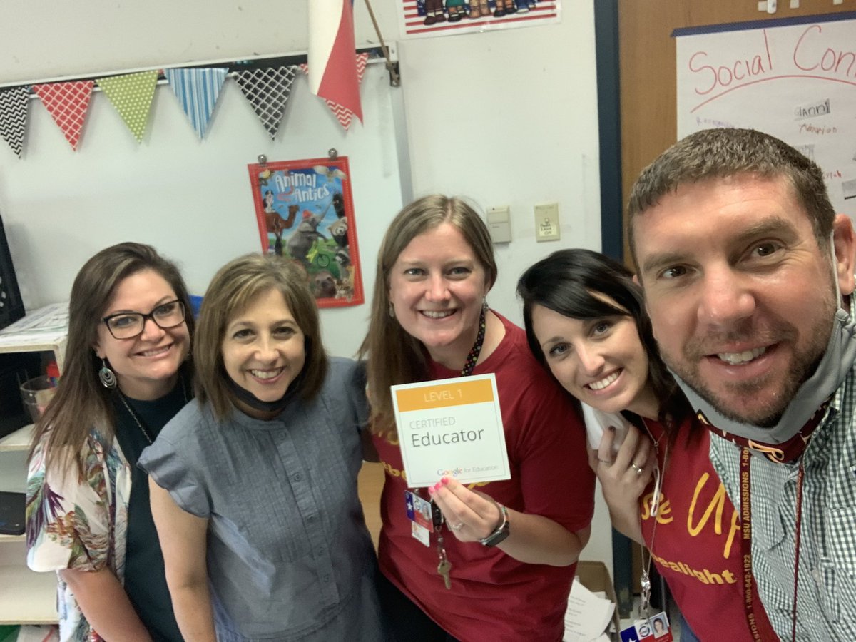 haynes_nwa's tweet photo. We celebrated some Google Certifications today. @CathyNielson3 and @HNAPearson both received Level 1 certifications. And @musicartteacher is level 2 AND a Certified Google Trainer. 👏🏻👏🏻👏🏻 #bealight @CamachoEdTech https://t.co/uSB8wyCY8q