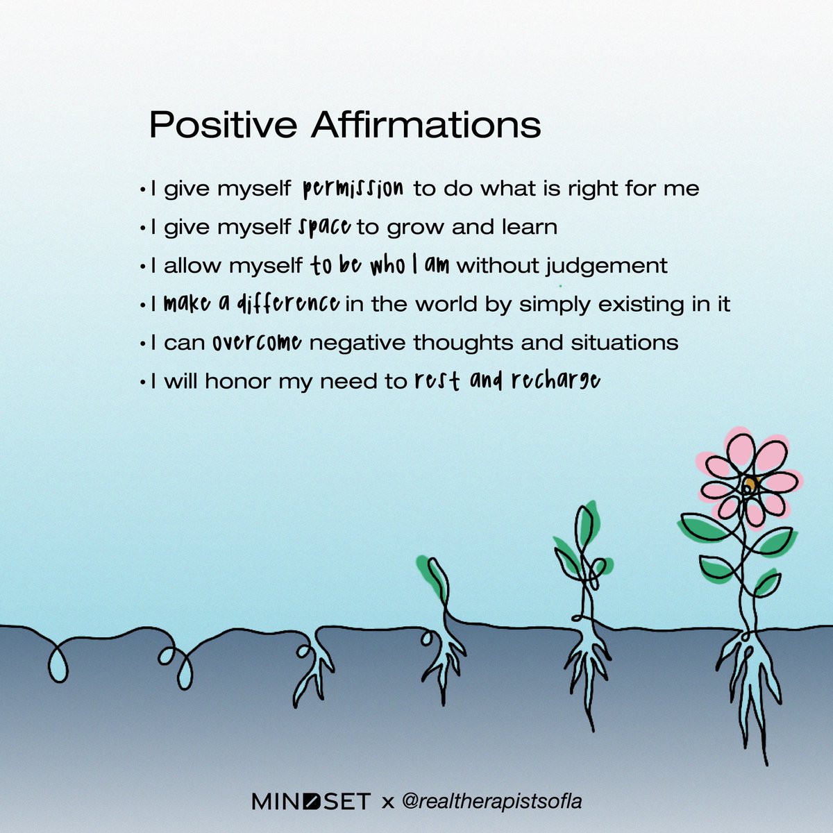 mindset_dive's tweet photo. Be kind to yourself today 💚

Mantras and positive affirmations are a great, simple way to keep your mental health in check. 🗣💬

Choose a few of your favorites and take a minute or so to repeat them to yourself!

#RealTherapistsofLA #PositiveAffirmations #MentalHealthAwareness https://t.co/zeVynp1AMv