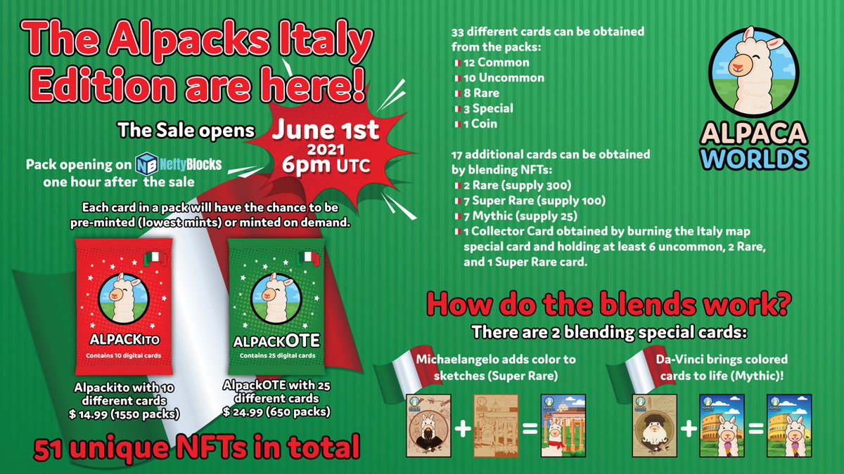 NFTInsider_io's tweet photo. Ahead of @AlpacaWorlds Italy Alpacks on June 1st, we have 10 Alpackote Packs to give away! 💛

To enter:
1⃣ Follow @NFTInsider_io and @AlpacaWorlds 
2⃣ Like &amp; RT
3⃣ Tag two friends
👉 Complete this: https://t.co/KklFSeGYKZ

⌛️ Entries close 19 UTC 30/05!

#NeftyDrops #NFT #WAX https://t.co/jDe9JKnTIi