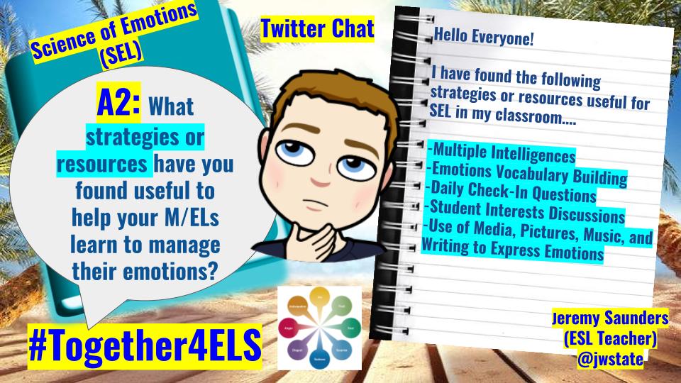 jwstate's tweet photo. A2: I use a variety of different resources, more of an interactive activities person myself. For me, real and honest conversations with my students are the most important! *Full answer below! #Together4ELs https://t.co/ZaEkcdDFNv