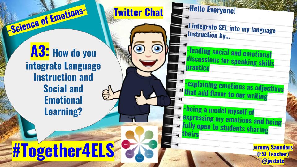 jwstate's tweet photo. A3: This is my favorite part because teaching ESL allows us to connect the real world with learning and the real world involves emotions. I take all of the ESL skills and connect them to emotional topics or current events normally. *Full answer below! #Together4ELs https://t.co/Z2lZ5TJVnZ