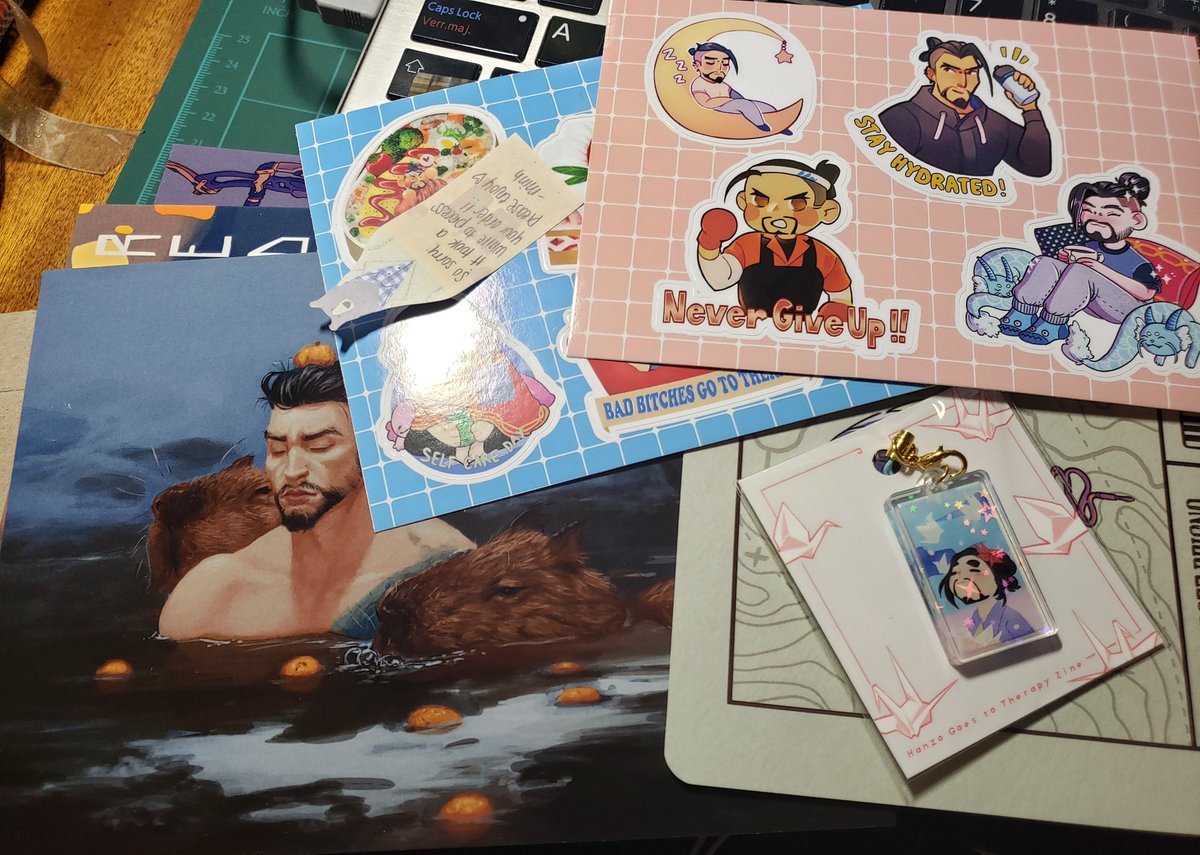 Thank you so much to @HAEDRAULICS and the @hnzotherapyzine for sending me these lovely zine extras! Sadly I wasn't able to buy the physical zine but I got a pdf and all of this and helped charities too. Sounds good to me!!