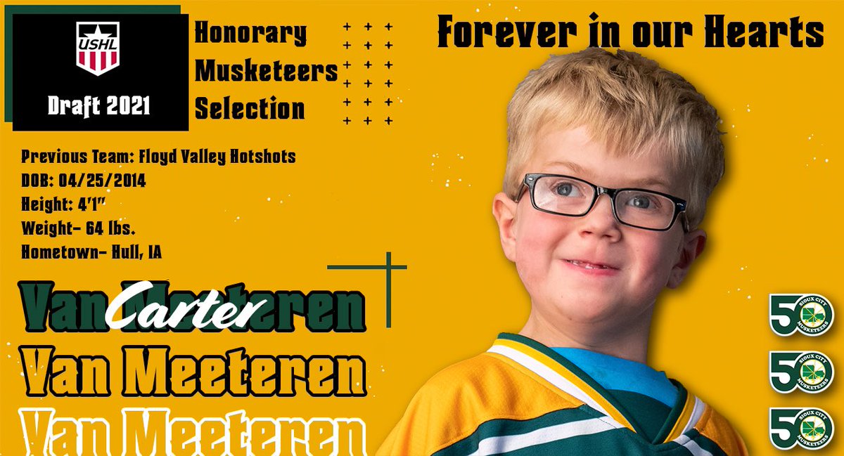 We are honored to select 7 year old Carter Van Meeteren of Hull, Iowa in the USHL Phase 2 Draft. Carter tragically passed away last week. This past season he spent one night with our team as a Floyd Valley Hospital Hot Shot. He made huge impact on our entire organization! #ushl