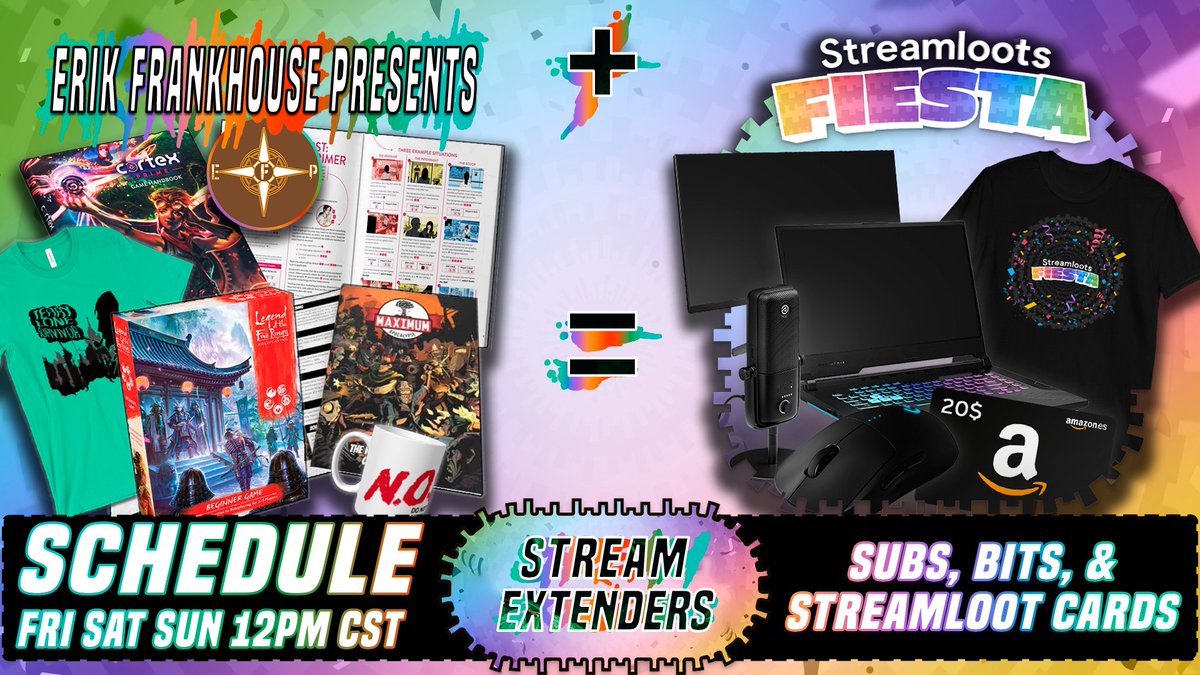 ErikFrankhouse's tweet image. 3 days of streaming with @streamloots #Streamfiesta!
It all starts tomorrow at 12PM CST. Show will last 2 hours. 
Subs, bits &amp;amp; streamloot cards add time to the countdown clock continuing the stream!

#GIVEAWAYS with EFP &amp;amp; chances to win with Streamloots! #Biomutant on friday!