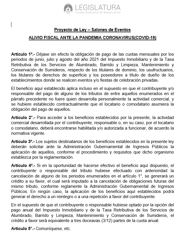 salonesarg's tweet image. Solicitamos apoyo para la promulgación de una ley de CABA, para que condonen ABL a los salones de fiestas. Hacé rt #CondonenABLSalonesDeFiestas. @horaciorlarreta @LegisCABA @DiputadosAR @salonesarg @juntoscambioar @AgustinForcheri @diegosantilli @MariaMuinhos @myriambregman
