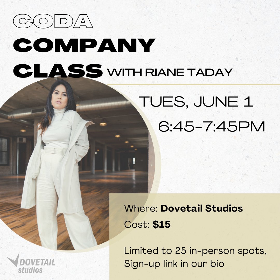 coda_world's tweet image. Next in-person company classes at Dovetail Studios on Tues, June 1st, 6:45pm! Due to Chicago COVID19 regulations, classes are limited to 25 people and masks are required at all times. Class is $15/person and spots must be reserved online (link in our bio) #dance #coocaw