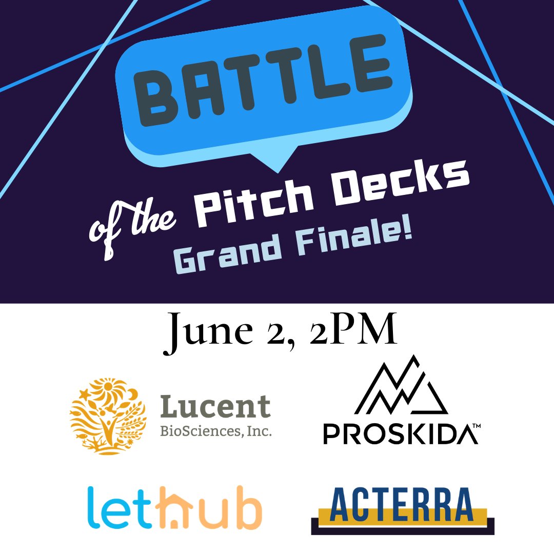 AngelForum's tweet photo. Join us virtually June 2 at 2pm for the Grand Finale of the Battle of the Pitch Decks, and support Lucent Biosciences @soileos, @proskida , LetHub and Acterra Tech Ltd in their quest to take home the brag worthy Winner title. Register for free: https://t.co/gJO5vl22pz https://t.co/raDjPUnNB6