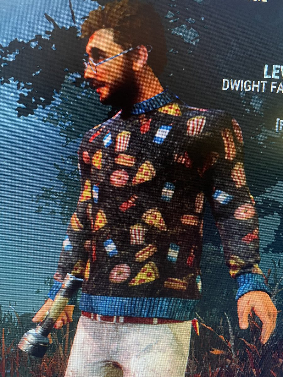 alexgotrobbed's tweet photo. Hey @DeadByBHVR what is this red thing on Dwight’s Christmas sweater?!? https://t.co/clWhcNzsMI