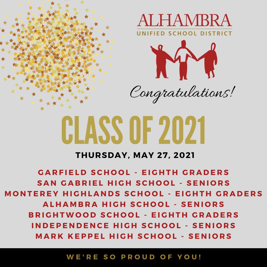alhambrausd's tweet photo. CELEBRATING our Day of the Class of 2021 Today!🎉🎼🌺@AusdGarfield @SGHSMatadors #MontereyHighlands @ALHAMBRAhigh #Brightwood #IndependenceHS @MarkKeppelHigh https://t.co/TZZjnoCX4B