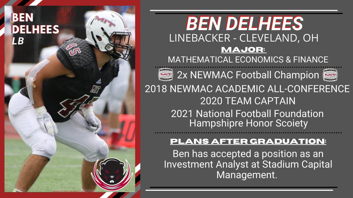 2020 Senior Captain Ben Delhees from Cleveland, OH anchored the middle of our defense and made countless big plays during our 2019 championship run! Ben is excited to join Stadium Capital as an Investment Analyst. 📈Congrats Ben! #RollTech🦫🏈🎓