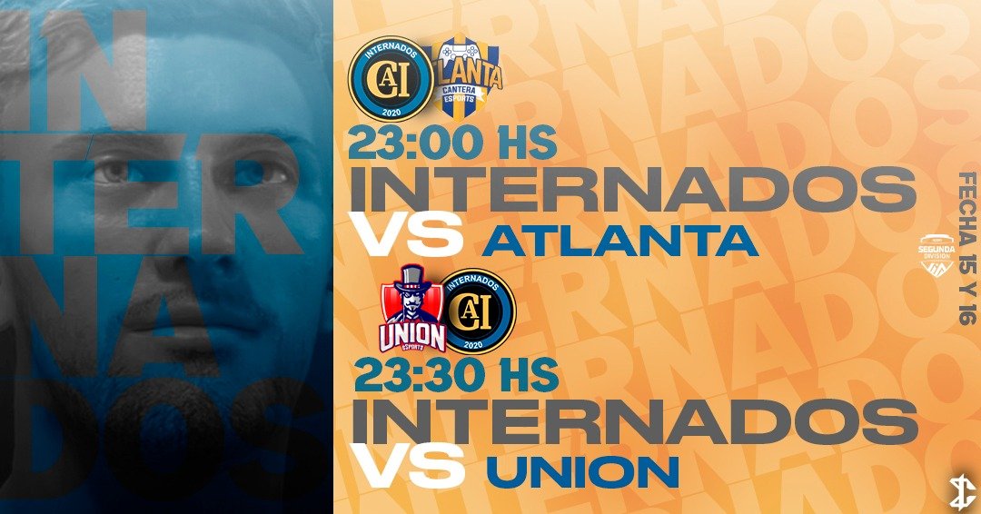 Juega Internados🔥

A falta de 5 fechas para el final, el equipo juega 2 partidazos para mantenerse en los primeros puestos.

💙23:00 vs <a href="/eSport_Atlanta/">CA Atlanta eSports</a> 
🖤23:30 vs <a href="/CaueSports/">Club Unión eSports</a> 

#VamosInternados