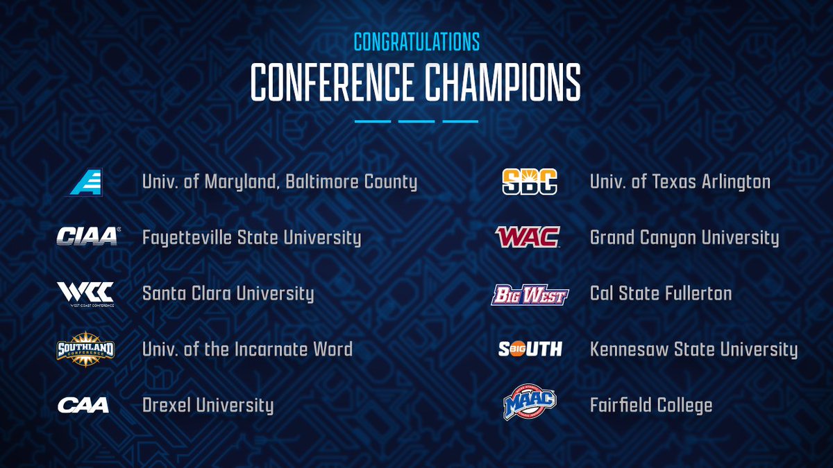 110 schools turned into 10 conference champions in the Collegiate Esports Invitational 

Sponsored by <a href="/Razer/">R Λ Z Ξ R</a> and <a href="/jerseymikes/">Jersey Mike's Subs</a>