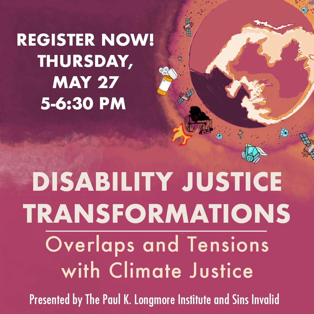 LongmoreInst's tweet image. TONIGHT 5pm - 6:30pm PT, “Disability Justice Transformations: Overlaps and Tensions with Climate Justice,” co-presented by @sinsinvalid  &amp;amp; @LongmoreInst. Moderated by @pattyberne7 w/ guests @JenDeerinwater, Mordecai Cohen Ettinger, &amp;amp; @goddessonwheels
 tinyurl.com/DJTransformati…