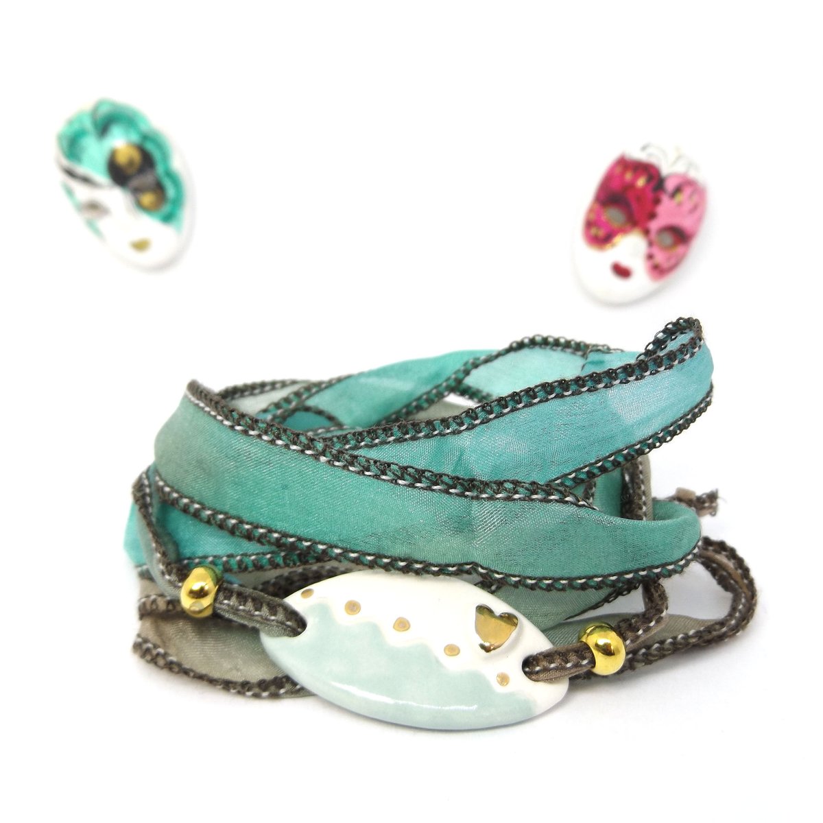 Silk Ribbon Wrap Bracelet with ceramic connector tuppu.net/913b4804 #Etsy #TheJazzyJewelzStudio #WristWrap