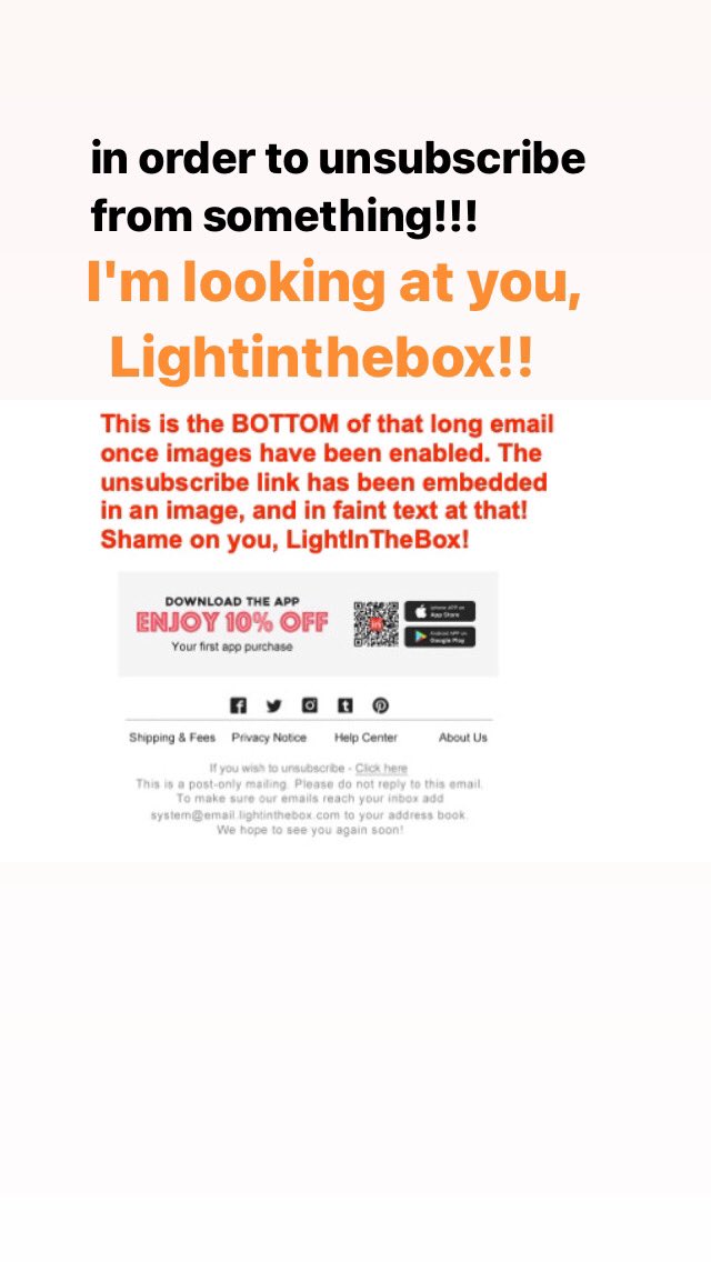 annepmitchell's tweet image. This is SO wrong!!! You should never, never, NEVER hide your unsubscribe link in an image (or anywhere else)!! Check out these three images to see what I&apos;m talking about.

#EmailMarketingSins
#GetToTheInbox #EmailMarketing #EmailMarketingTips
#EmailDeliverability
#Email