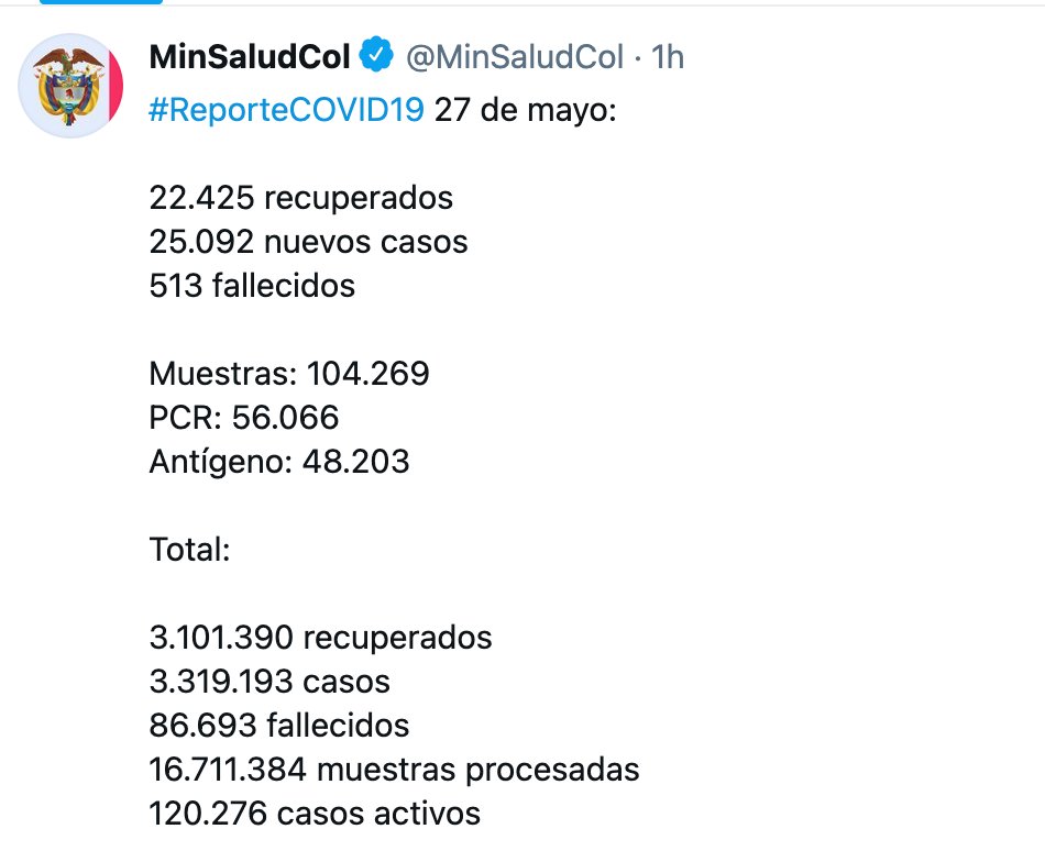 LuzMaSierra's tweet photo. Cada vez que se publican las nuevas cifras de la pandemia en Colombia me pregunto si los promotores de las movilizaciones -tanto las pacíficas como las violentas- se detienen a pensar un momento en el tamaño de la tragedia de salud que está viviendo Colombia. https://t.co/ckIAt6hoR6