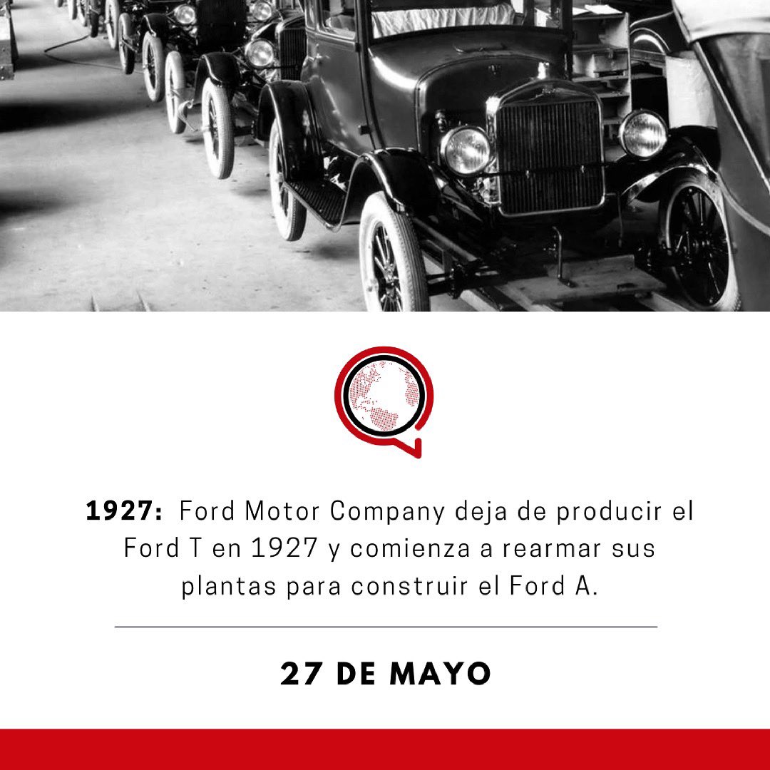 27 DE MAYO: Fin de un símbolo automotríz. 🚘

En Estados Unidos, la #FordMotorCompany deja de producir el #FordT en 1927 y comienza a rearmar sus plantas para construir el #FordA