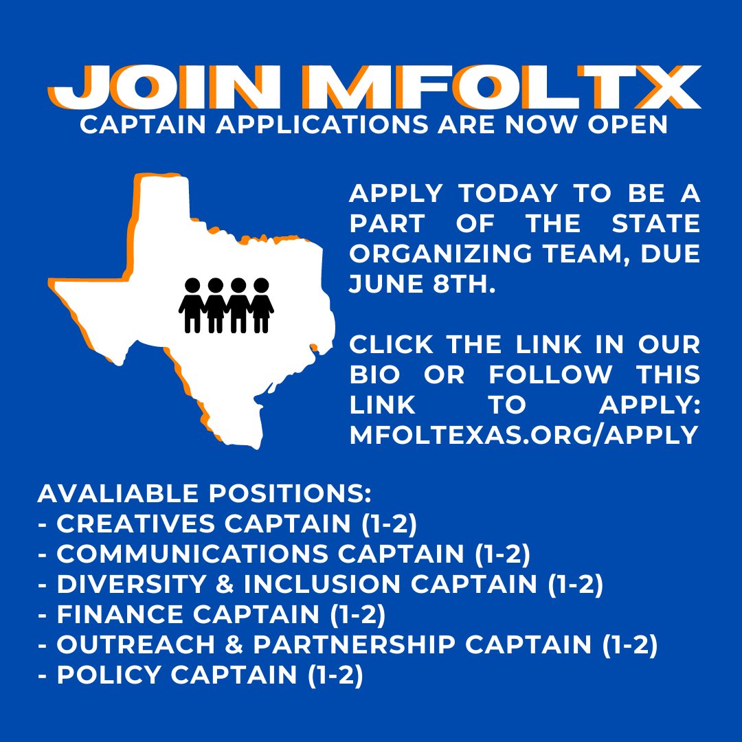 Join MFOLTX and apply today to be a part of the state organizing team!! Follow this link to apply, applications are due June 8th! mfoltexas.org/apply