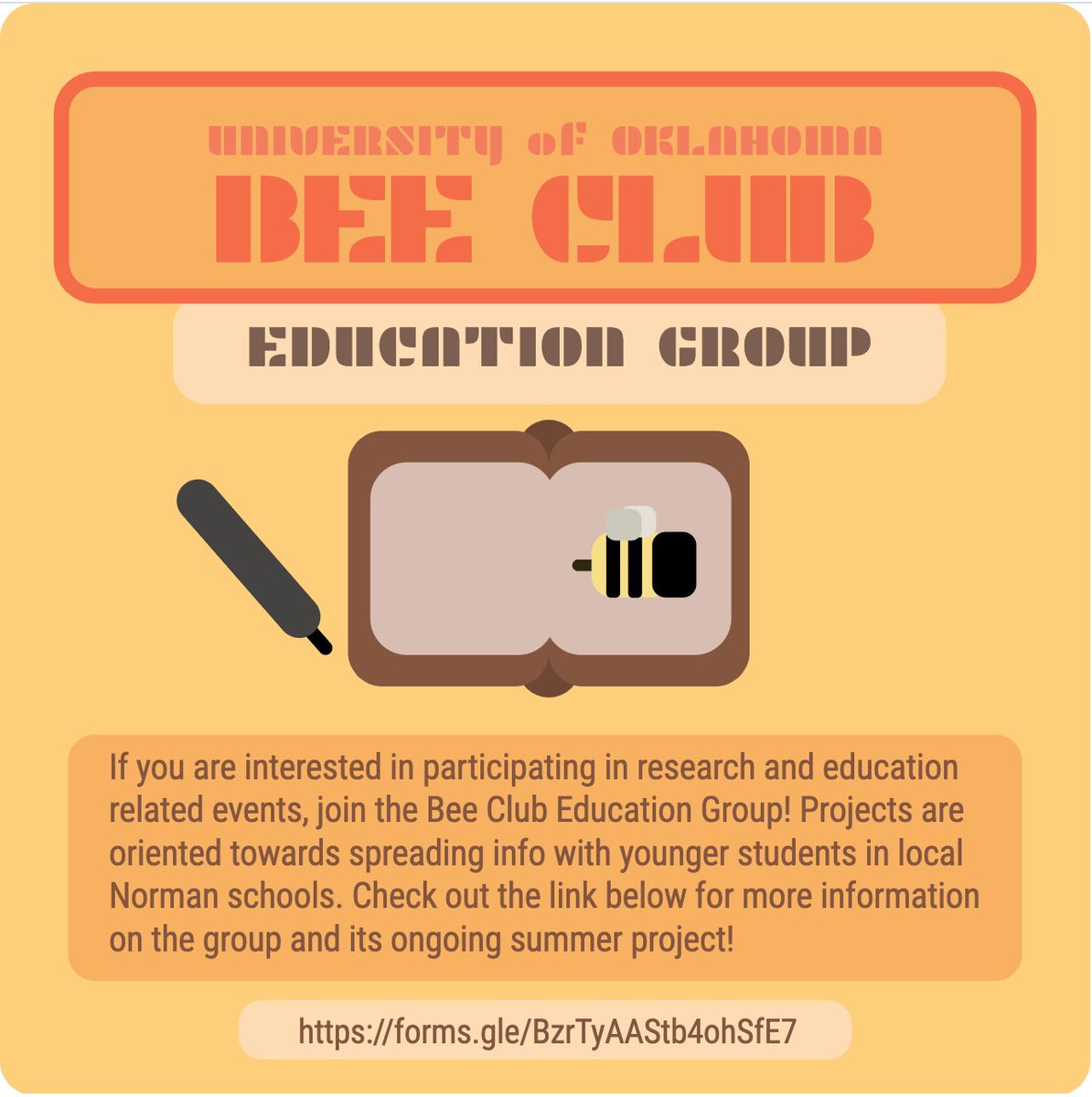 OUBeeClub's tweet image. Interested in engaging with and educating the Norman community about the importance of honeybees? Sign up for our Education Group! The link is in our bio 🐝