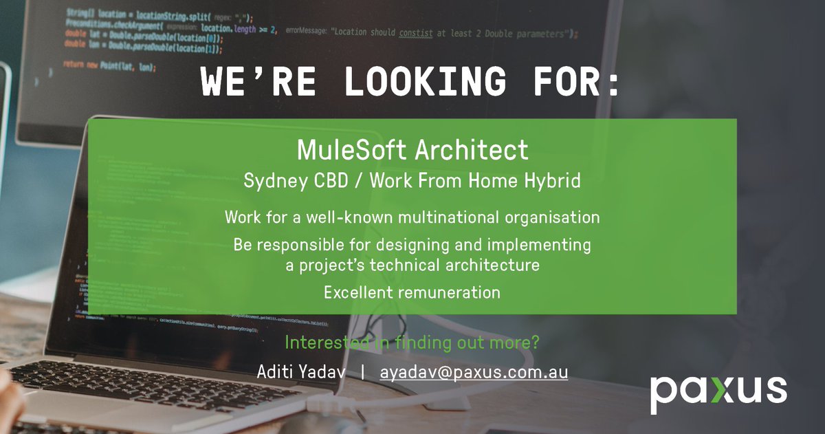 PaxusIT's tweet image. We’re looking for a MuleSoft Architect to work within a large complex environment with multiple initiatives, including the implementation of an organisation’s Anypoint Platform. Interested? Visit the link below.

paxus.com.au/technology-job…
#paxusjobs #mulesoftarchitect