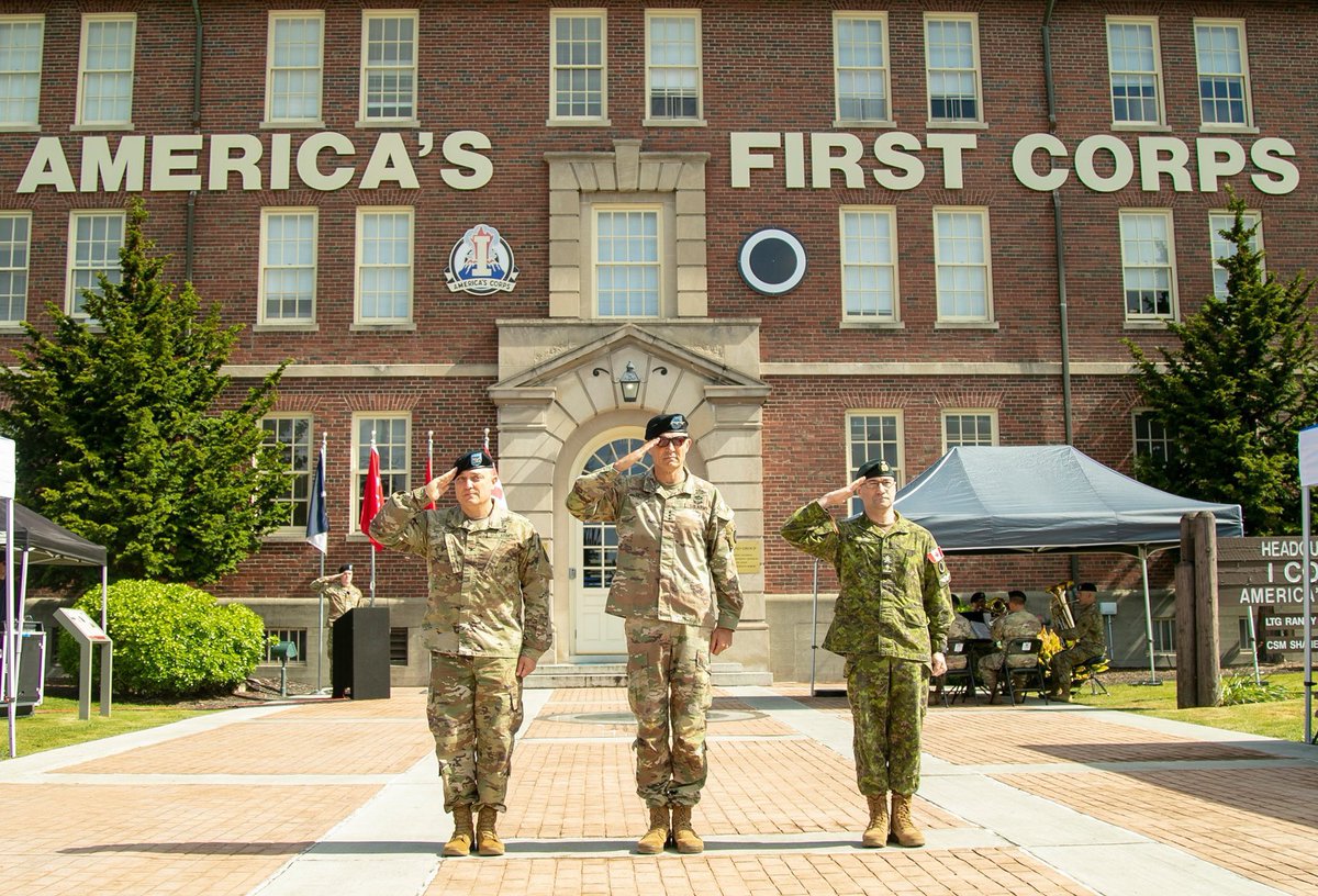 I_Corps's tweet photo. Lt. Gen. Randy A. George hosted a “Courage Honor Ceremony” to bid farewell to the Corps’ Deputy Commanding General for Operations, Canadian Brig. Gen. Stéphane R. Boivin and to welcome Col. Patrick J. Ellis, the Corps’ Chief of Staff, of #JBLM. https://t.co/WXVFatE0Of