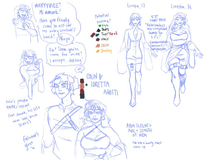 An incredibly messy character exploration sheet but I'm very happy with these designs so farrrrr, brother and sister duo: Colin the Beastiarist and Loretta the Loveletter Witch~ 