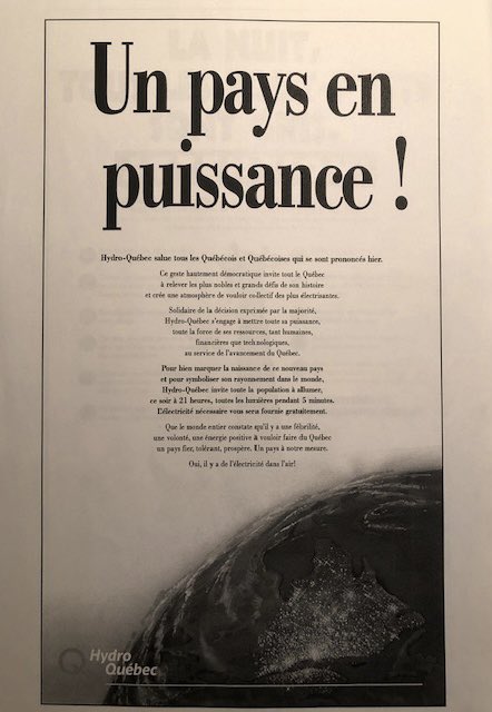 CathFournierQc's tweet image. Nouvelle politico-historique! Comme vous avez pu le voir en exclusivité à @infomantv : Hydro-Québec avait fait préparer une campagne publicitaire pour le « jour 1 du pays » avant le référendum de 1995. Tous les détails ici 👉🏼 facebook.com/10767581398137… #polqc 

Mes préférées 💙👇🏼