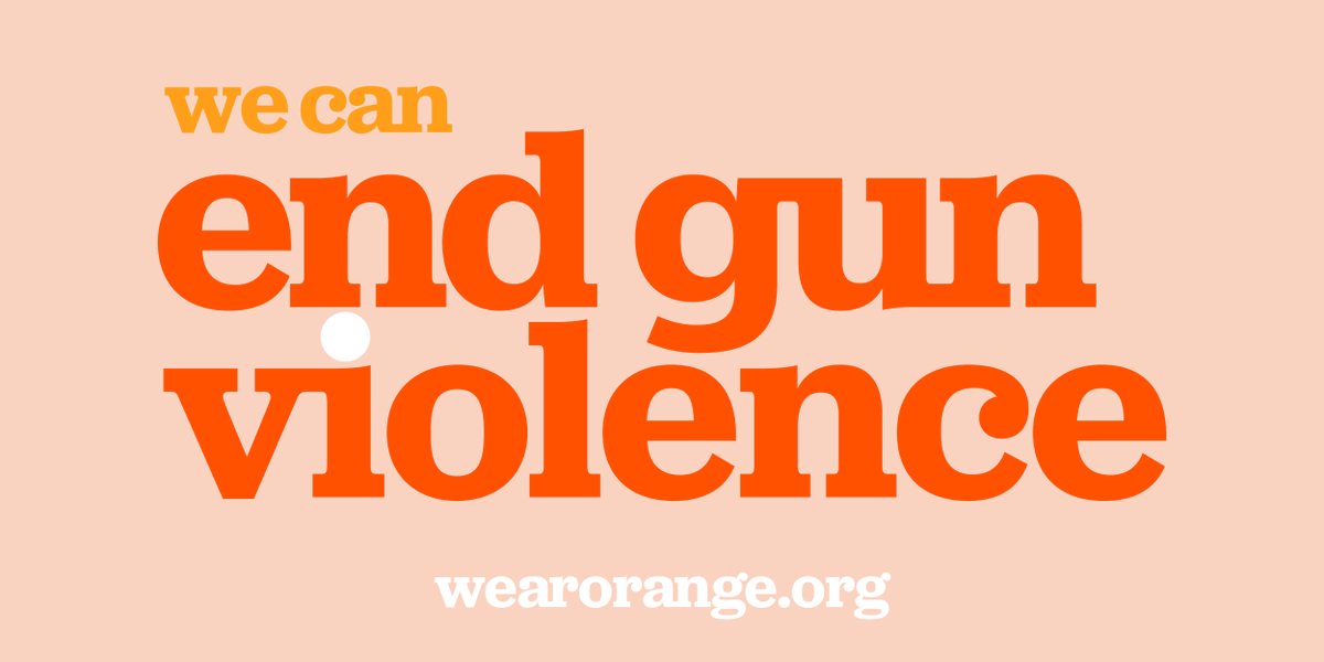 Everytown's tweet photo. National Gun Violence Awareness Day is almost here. On June 4, join us by wearing orange and sharing a photo on social media with the hashtag #WearOrange. Then, join a Wear Orange Weekend virtual event. Text ORANGE to 644-33 to find an event. https://t.co/KkgBwjOzkl