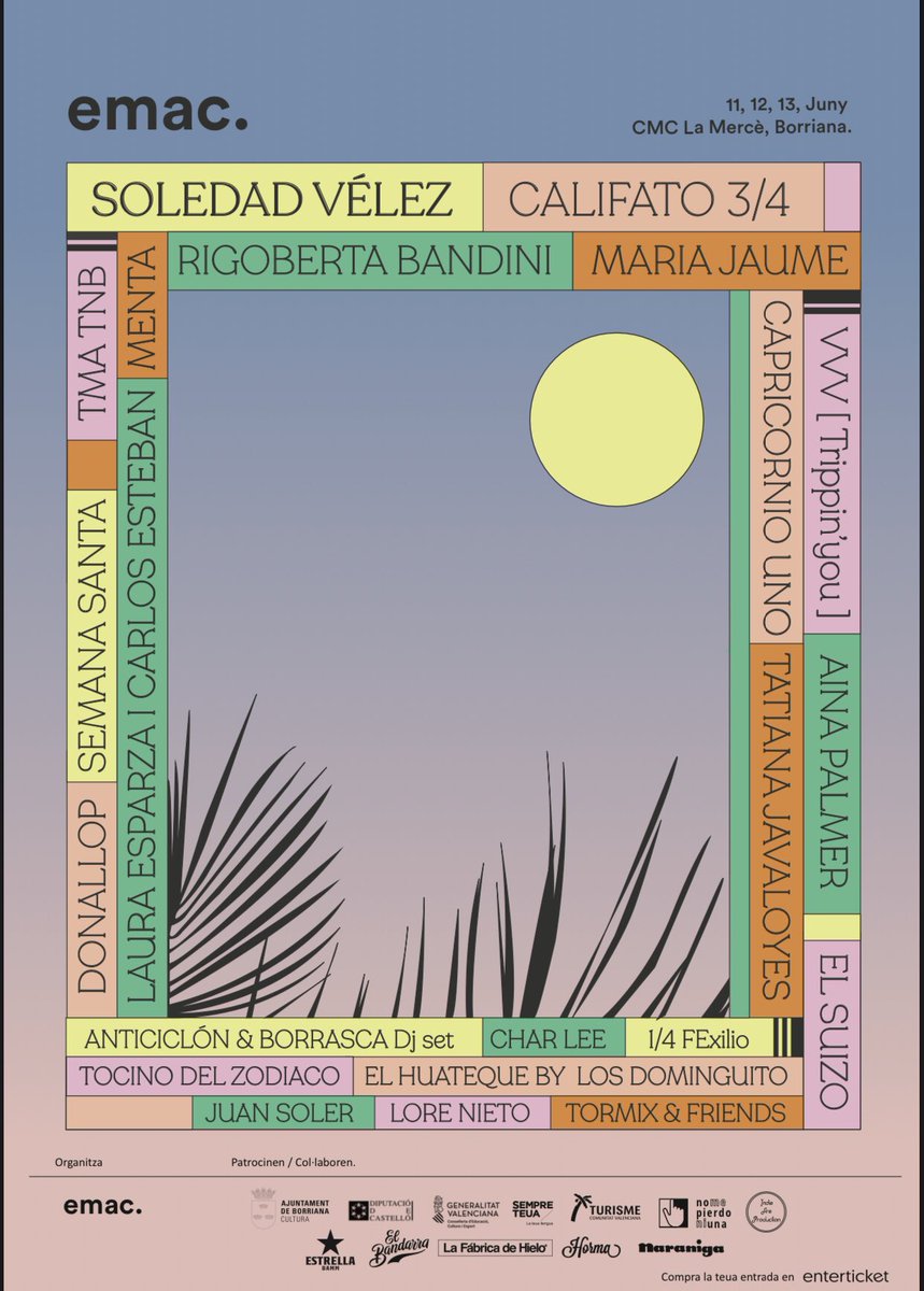 Este sábado al mediodía se presenta la 6ª edición del festival <a href="/BorrianaEmac/">emac.fest</a>, que tendrá lugar del 11 al 13 de junio. Será con el concierto de <a href="/calivvla/">Calivvla</a> en el ECO Les Aules (<a href="/CulturaDipcas/">Cultura Dipcas</a>) de Castelló este sábado a las 12h. Gratis hasta completar aforo youtu.be/B8k9dLlDs7s