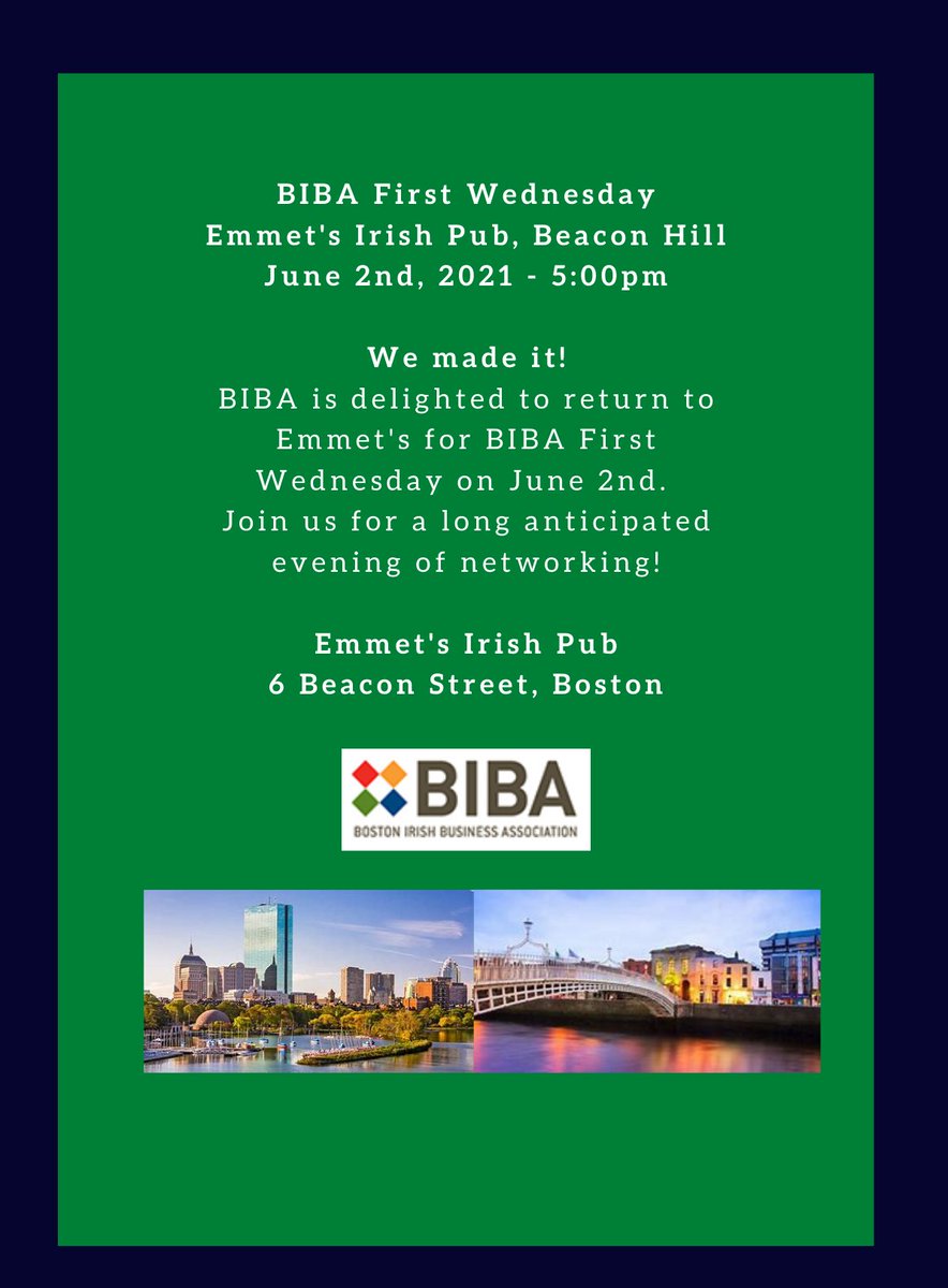 We're back! Join us 6/2 for BIBA 1st Wednesday at Emmet's Irish Pub. Very productive year w/14 virtual events feat. Irish Ambassador <a href="/DanMulhall/">Daniel Mulhall</a>, <a href="/IrelandBoston/">Irish Consulate Boston</a> <a href="/laoise_moore/">Laoise Moore</a> <a href="/IrishChamber/">IrishChamber</a> Australia, European Boston Business Network &amp; 2 BIBA Showcases. Swing by &amp; raise a pint!