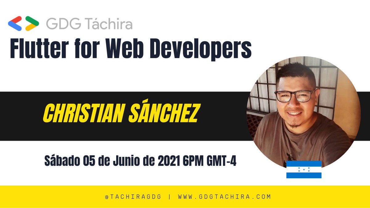 Hola comunidad!, el 5 de junio estaremos con 
<a href="/christian_sc96/">Christian Sánchez🇭🇳</a> hablando de Flutter en el 
<a href="/TachiraGdg/">GDGTáchira</a> , además estaremos sorteando una licencia de <a href="/jetbrains/">JetBrains</a> entre los asistentes

gdgtachira.com/index.php/2021…

Gracias a <a href="/jetbrains/">JetBrains</a> por apoyar al <a href="/TachiraGdg/">GDGTáchira</a>