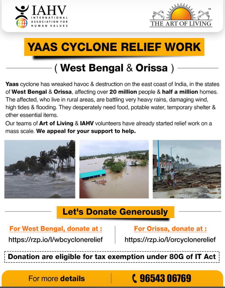 International Association for Human Values (IAHV) (@iahvofficial) on Twitter photo #YaasCyclone has affected over 20 million people and half a million homes in the states of West Bengal & Orissa.
We, with our partner <a href="/ArtofLiving/">The Art of Living</a>, have started with the relief work.
For West Bengal donate at
rzp.io/wbcyclonerelief
For Orissa donate at
rzp.io/l/orcyclonerel… #YaasCyclone has affected over 20 million people and half a million homes in the states of West Bengal & Orissa.
We, with our partner <a href="/ArtofLiving/">The Art of Living</a>, have started with the relief work.
For West Bengal donate at
rzp.io/wbcyclonerelief
For Orissa donate at
rzp.io/l/orcyclonerel…