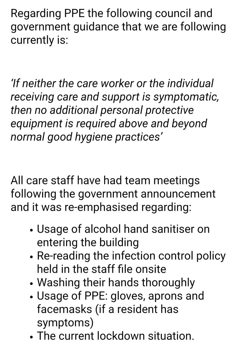 Ldurks73's tweet photo. @StefSimanowitz Its worse than that Gov advice to care homes was that staff were told not to wear PPE unless there was symptomatic Covid .
Email from MD of the care home my father in law resides when I challenged this dated 6th April https://t.co/Jcd0LvLIgV