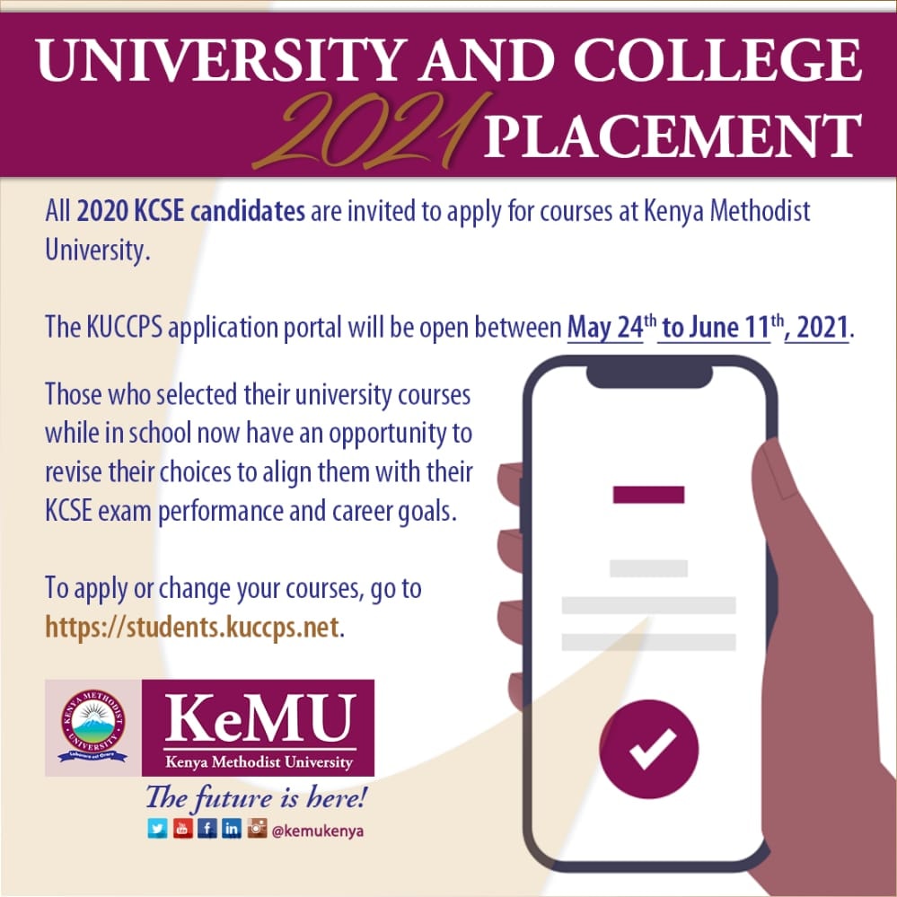kemukenya's tweet image. WELCOME TO KeMU
Visit our website to view our programmes.
kemu.ac.ke
#KCSE2020 candidates who have not yet applied to log in to the portal students.kuccps.net and select courses and institutions of their choice.
#kcse2020results 
#wearekemu