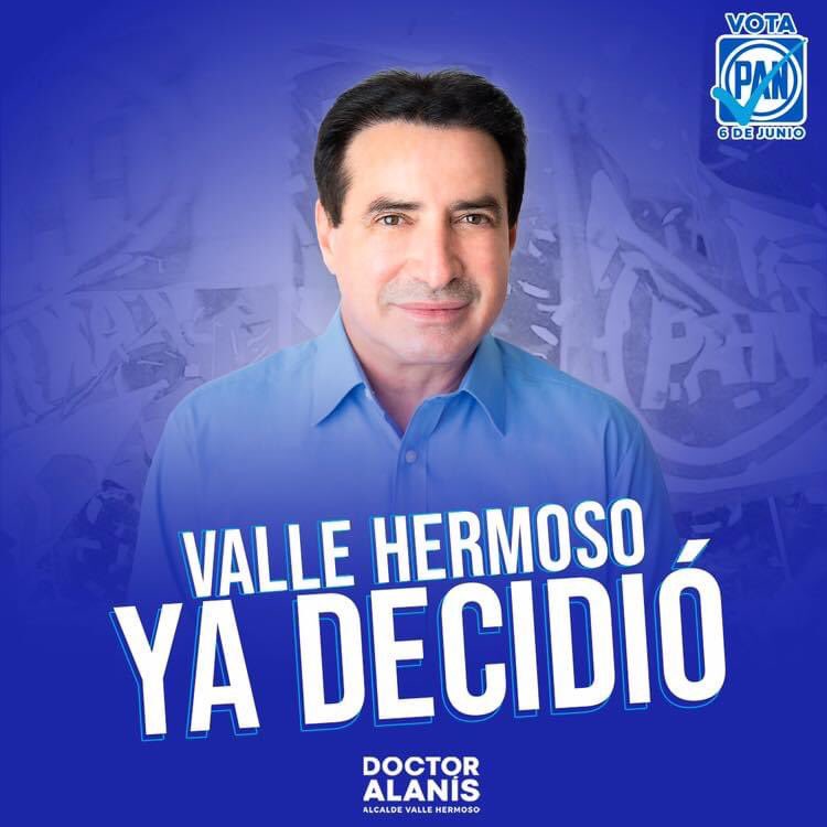 ¡Valle hermoso ya decidió!   

Todos votarán por el progreso, la honestidad, la justicia, y el bienestar.   

Este 6 de junio Valle Hermoso votará por el Dr. Alanís  🔹✌🏻🔹
#AmigosDeAlanís #DrAlanís #ValleHermoso #VotaPAN
