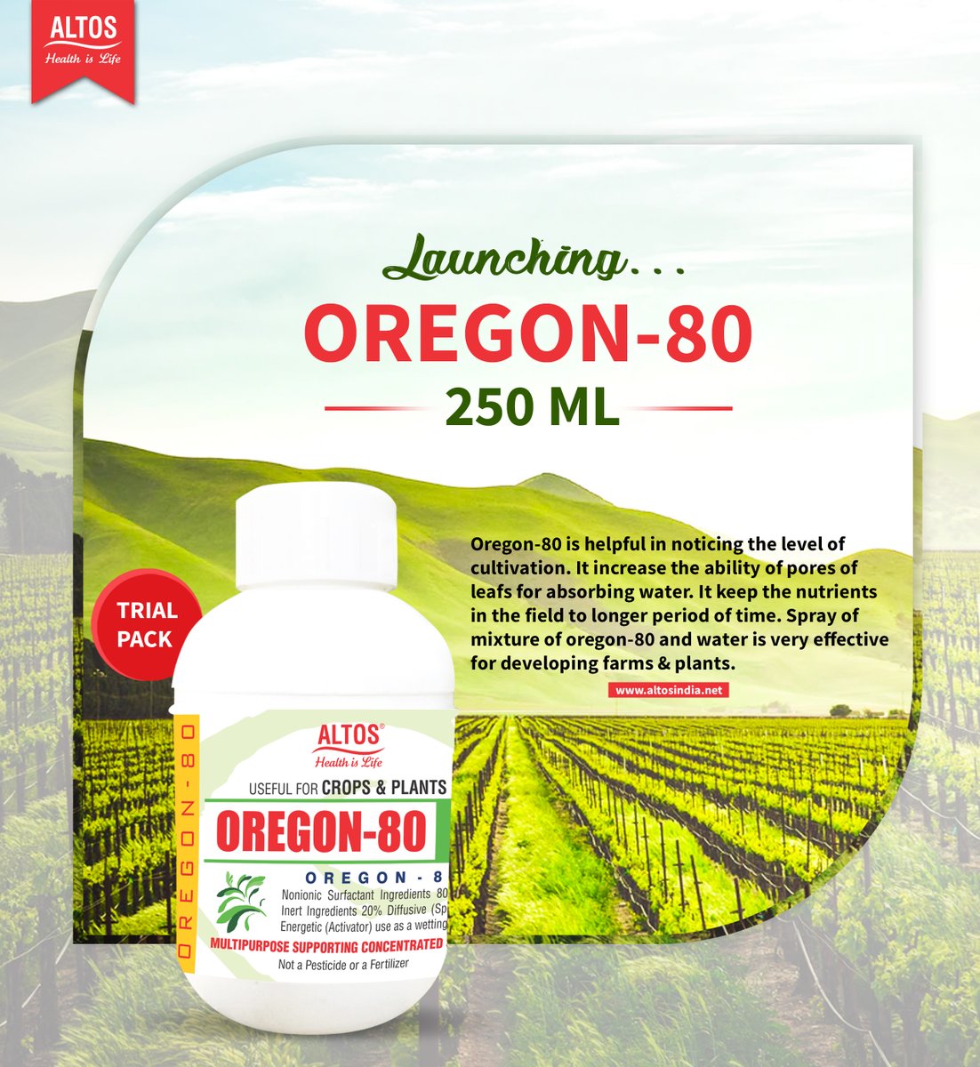 Altos_52's tweet photo. Every Farmer's choice!
Give your crop proper nutrition value to increase the productivity of crops with Oregon-80.

#altos  #altosindia #altoshealth #cropnutrition #nutritionvalue #oregon80 #farmerchoice https://t.co/fI2UmW7Df1