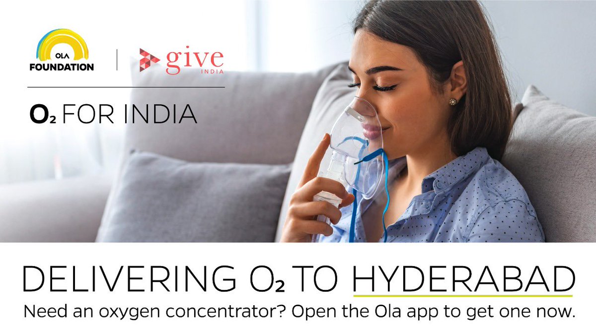 foundation_ola's tweet photo. The #O2forIndia initiative has reached Hyderabad. We are now delivering oxygen concentrators to those in need in the city. In case you or someone you're helping is in need, you can get a concentrator on the Ola app. @GiveIndia https://t.co/4WYBaRZ7Jx