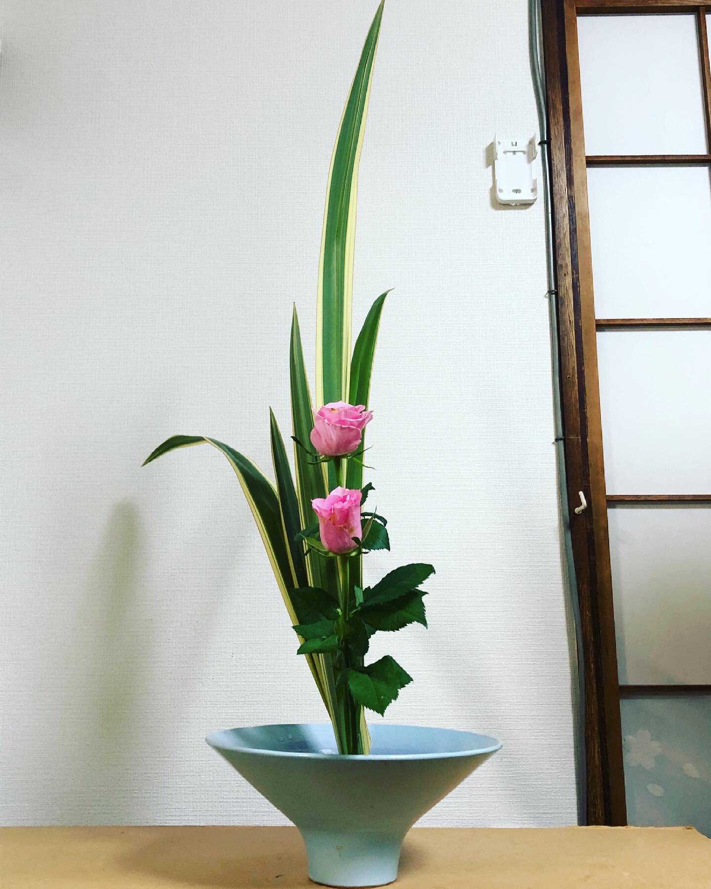 齊官昌伍 今週のいけばな タイトル そこに確かに2人はいた 今週のいけばな 花材 ニューサイラン バラ 花言葉 バラ ピンク しとやか 生け花 お生花 2種生け Ikebana いけばな芸人 花のある暮らし 池坊 師範科 Ikenoboys サイカン